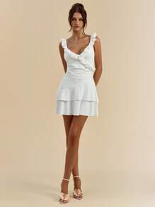 White Solid Color Sexy Deep V-Neck Ruffled Asymmetric Hem Slip Dress For Women, Vacation Dress, Graduation Dress, Bridesmaid Dress, Spring/Summer