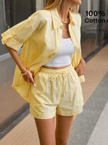 Siren Gaze 女士奶油黄短裤套装 - 2025 夏季棉质休闲两件套：卷边短袖衬衫和短裤，海滩度假必备品，透气机场装，商务休闲办公装女士夏装套装夏季短裤套装 2 件短套装女士亚麻短裤套装 Co Ord 套装夏季 - 黃色 - 查看 7