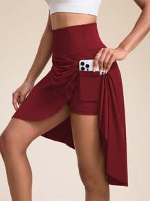 Easithlete 女式高腰裙裤，长款防闪开衩不对称衬里七分裤，带口袋，适合网球、高尔夫、日常休闲穿着 - 酒紅色 - 查看 4