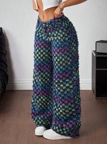 Jeanoix Quần jean ống rộng họa tiết ô vuông ombre nhiều màu thời trang cỡ lớn - Màu xanh lam - Xem 1