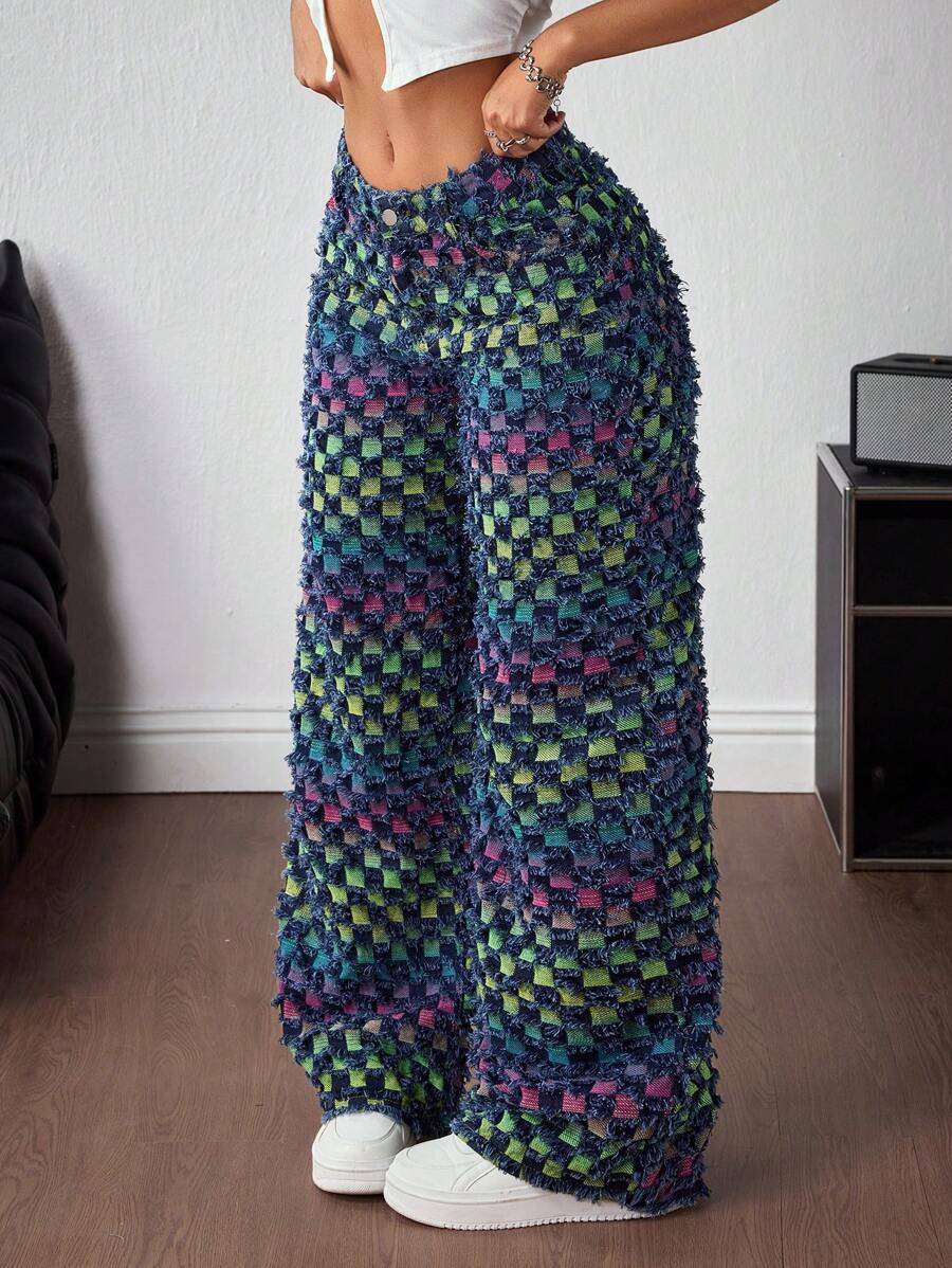 Jeanoix Quần jean ống rộng họa tiết ô vuông ombre nhiều màu thời trang cỡ lớn - Màu xanh lam - Xem 1