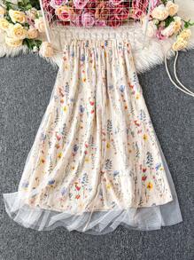 Rometta 大码女式花卉印花网眼 A 字裙，夏季女装，优雅 - 米色 - 查看 2