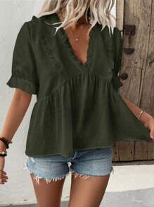 Breezaya 女士 3D 激光切割 V 领泡泡袖衬衫 - 綠色 - 查看 3