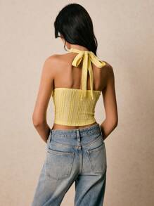Poéselle Áo ba lỗ họa tiết trơn màu đơn giản cho nữ mùa hè - Màu vàng - Xem 7