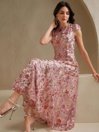 Anewsta Champagne Color Elegant Floral Mesh Sequin Short Sleeve Dress For Women, Sophisticated Festival, Resort Wear, Spring/ Summer Outfit