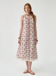 Florisole Váy không tay họa tiết hoa phong cách Bohemian dành cho nữ, có chi tiết cài nút tinh xảo, phù hợp cho kỳ nghỉ hè - Đỏ - Xem 1