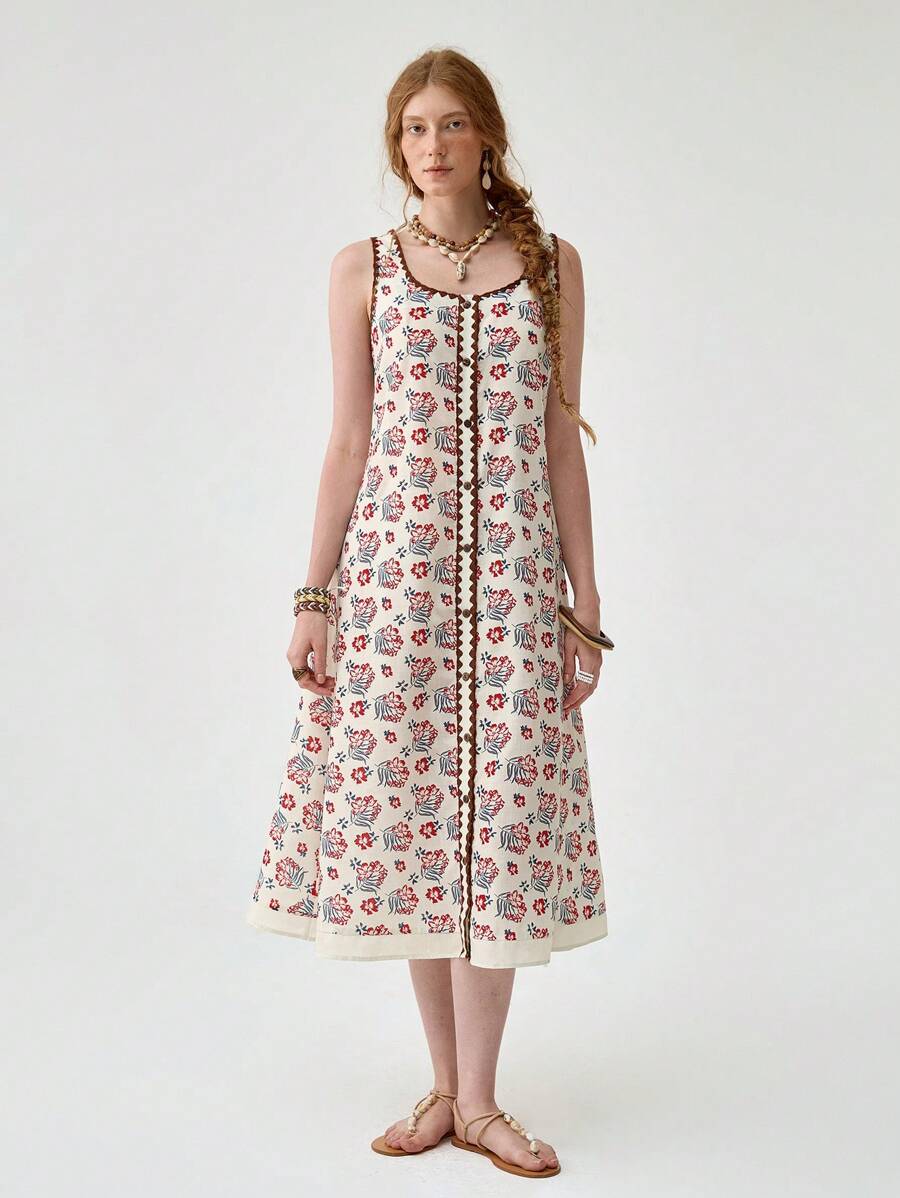 Florisole Váy không tay họa tiết hoa phong cách Bohemian dành cho nữ, có chi tiết cài nút tinh xảo, phù hợp cho kỳ nghỉ hè - Đỏ - Xem 1