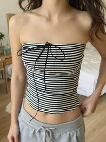 SHEIN VCAY Damen Lässig gestreiftes Bandeau-Top, Sommer Bandeau-Top - Schwarz und Weiss - Übersicht 4