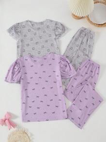 4pcs/Set Tween Girls Kitty Printed Textured Fabric Ribbed Purple Bow Short Sleeve Top And Long Pants Home Wear Set Back To School Fashion - Multicolor - View 2