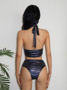 EgrlEra Top de bikini con escote espalda descubierta en estampado de piel de serpiente metálico sexy