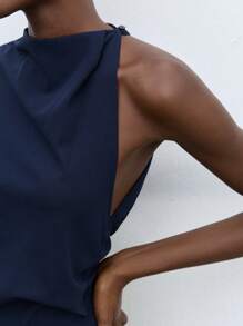 Maija Long Navy Blue Knit Dress For Women Elegant Stand Collar Asymmetrical One-Shoulder Design And Figure-Hugging Silhouette