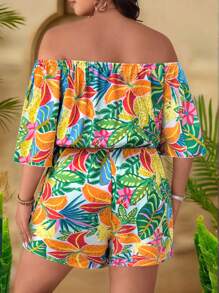 SHEIN Holidaya Mono casual con estampado hombros descubiertos para mujer talla grande