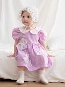 SHEIN Baby Girl Ruffle Trim Round Neck Puff Sleeve Cinched Waist A-Line Dress - Multicolor - View 4