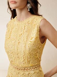 Anewsta Spring/Summer Elegant Romantic Chic High-End Water Soluble Floral Patchwork Asymmetrical Hem Yellow Dress - Yellow - View 5