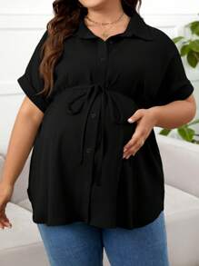 SHEIN Maternity Plus Size Casual Solid Color Button Waist Belt Short Sleeve Top