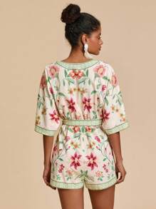 Travachic 女式梭织印花短袖连体裤，宽松版型，女式夏季服装，沙滩装，春夏装，复活节，节日服装，女士沙滩装，春假，女士度假服装，女士演唱会服装，波西米亚风，波西米亚风，音乐节，美国独立日服装，热带度假女装 - 米色 - 查看 2