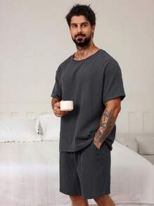 DAZY Men's Solid Gray Summer Pajama Set,Back To School Clothes - Dark Grey - View 4