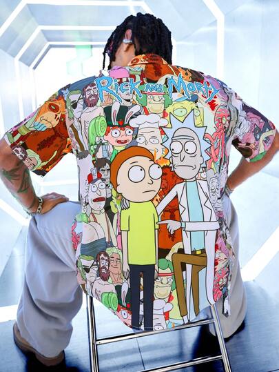 Rick and Morty X SHEIN Men's Cartoon Pattern Casual Short Sleeve Shirt, Summer