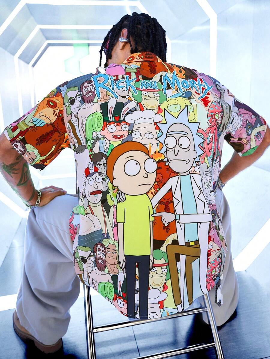 Rick and Morty X SHEIN Men's Cartoon Pattern Casual Short Sleeve Shirt, Summer
