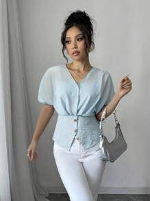 2025 女士时尚蝙蝠印花短袖纽扣设计休闲衬衫 - 淺色水洗藍 - 查看 1