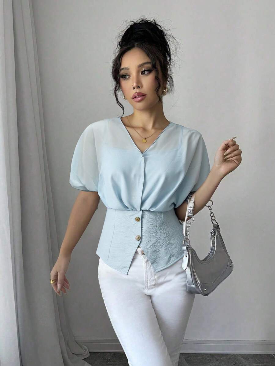 2025 女士时尚蝙蝠印花短袖纽扣设计休闲衬衫 - 淺色水洗藍 - 查看 1