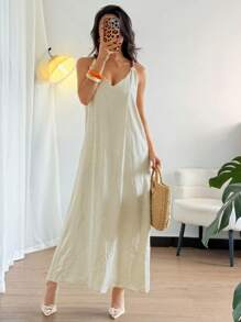 DAZY Women's Loose V-Neck Bead Decor Mid-Length Casual Dress, Summer Maxi Dress - Apricot - View 1