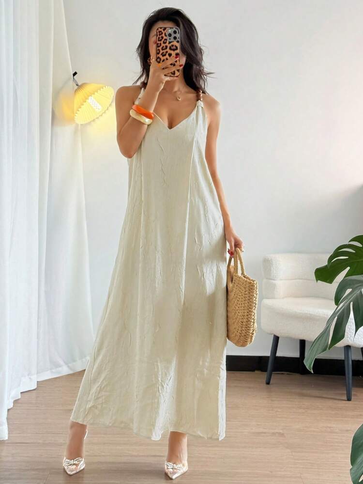 Women's Loose V-Neck Bead Decor Mid-Length Casual Dress, Summer Maxi Dress