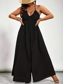 SHEIN VCAY Plus Size Solid Color Minimalist Loose Jumpsuit, Casual Everyday Wear, Summer Boho Beach Spring Break Outfit