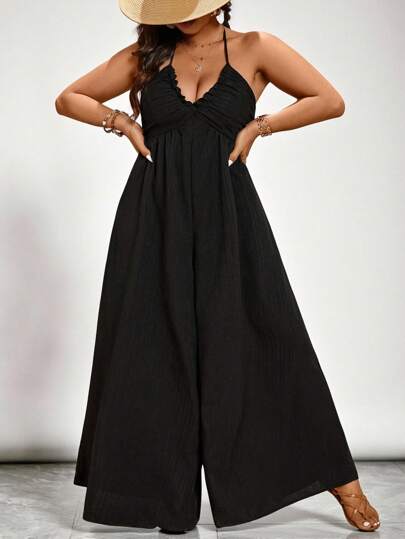 SHEIN VCAY Plus Size Solid Color Minimalist Loose Jumpsuit, Casual Everyday Wear, Summer Boho Beach Spring Break Outfit