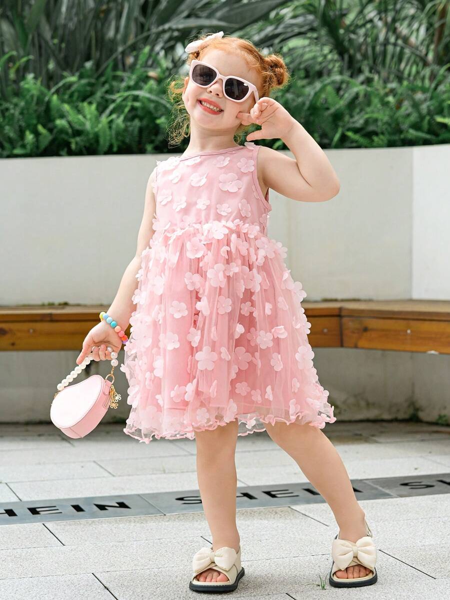 Young GirlPink 3D Floral Print Mesh Party Dress - Pink - View 1