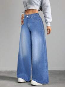 SHEIN Tall 女士牛仔裤低腰直筒裤蓝色低腰宽松牛仔裤 - 藍色 - 查看 4