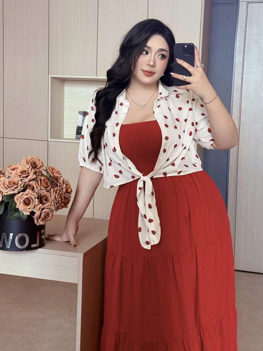 Vibekara Plus Size 2pcs Set: Casual Strap Maxi Dress + Tie Knot Strawberry Print Shirt - Multicolor - View 1