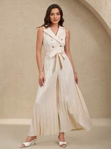 EMERY ROSE Women's Elegant Double-Breasted Pleated Jumpsuit, Apricot, Suitable For Spring And Autumn - Apricot - View 1