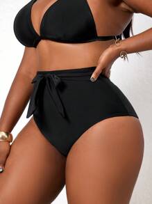 Slaydiva Plus Size High Waist Pleated Black Swim Shorts, Casual Bikini For Vacation For Summer - Black - View 4
