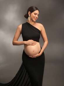 Cheriluna Maternity Luxury Elegant Shawl Photography Robe For Maternity Photos, Baby Christening Parties - Black - View 4