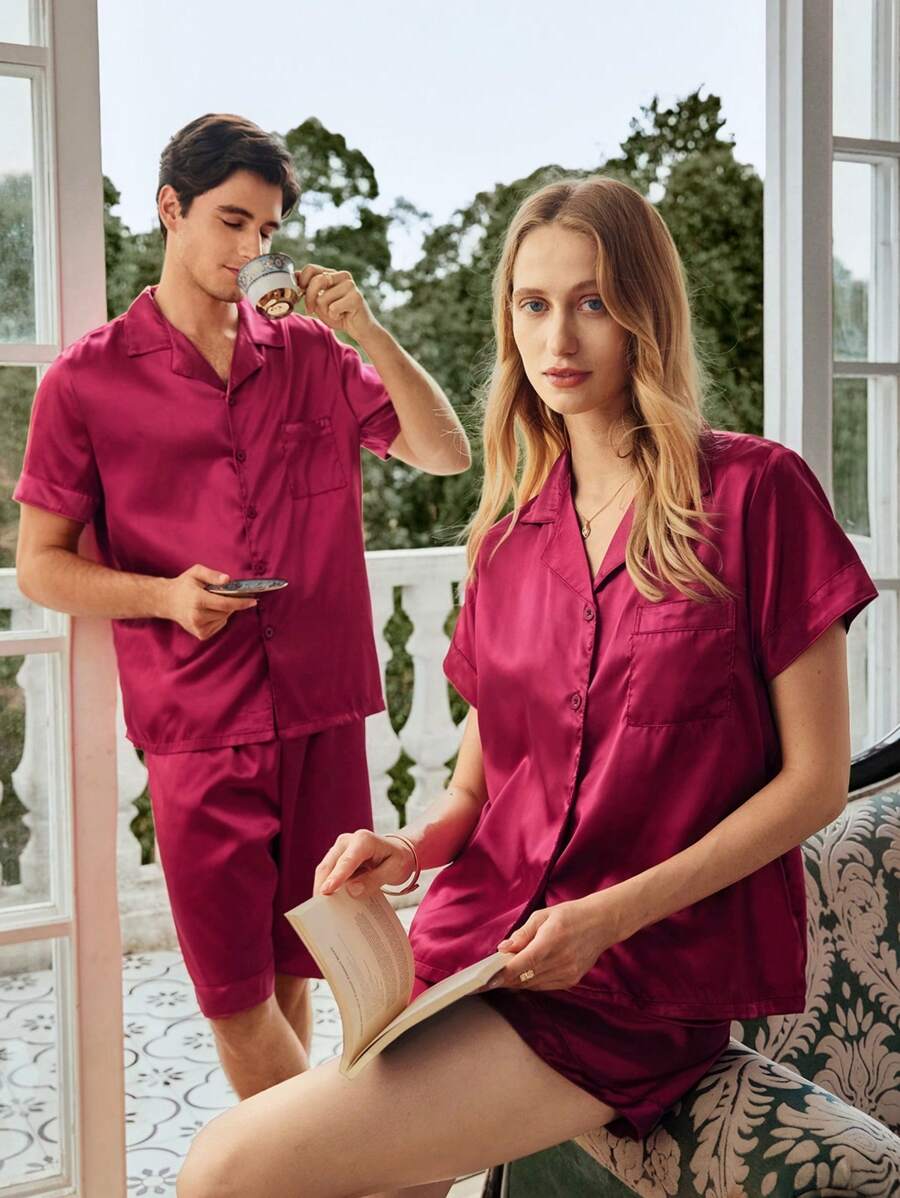 EverLounge Women's Pajama Set With Short Sleeve Top And Shorts, Couples Sleepwear - Burgundy - View 1