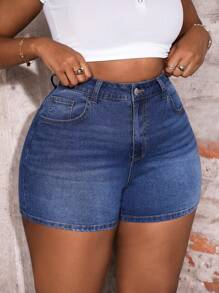 Slaydiva Quần short denim xanh cỡ lớn, quần short bó co giãn thông thường cho kỳ nghỉ hè, phong cách cowgirl miền Tây, trang phục công sở thường ngày cho phụ nữ, lễ hội, lễ tốt nghiệp tại sân bay, ngày 4 tháng 7, quần short denim thoải mái - Màu xanh lam - Xem 4