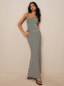 Poéselle 2件套女士夏季条纹吊带背心和迷你裙休闲装