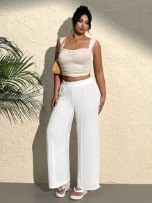 SHEIN EZwear Plus Size Casual Solid Color Simple Wide Leg Pants With Seam Front - White - View 5