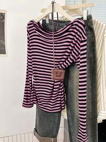 INAWLY Striped One Shoulder Long Sleeve T-Shirt, Asymmetrical Slim Fit Undershirt Fall Cloth For Women