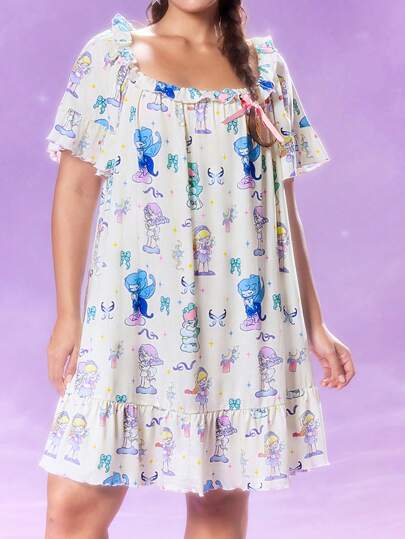 Pop Mart Azura X SHEIN 大码卡通图案方领短袖睡袍