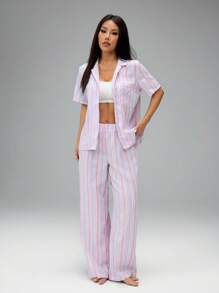 SHEIN PETITE Women's Two-Piece Button-Front Shirt And Pleated Trousers Pajama Set
