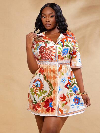 SHEIN SXY 大码女式春夏优雅性感短袖复古印花衬衫裙，适合日常穿着、婚礼、波西米亚风、郊游、海滩度假、假日、海边、西部装、音乐节、音乐会、狂欢派对、层次丰富、约会之夜、伊比沙岛、纳什维尔、休息、端庄、别致、俱乐部、可爱、休闲、购物、街头服饰、外出、易于搭配且看起来苗条，突出您的身材，修饰身材