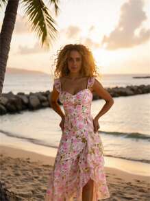 Glamine Abito floreale elegante e romantico da donna con scollo a V, rouches e orlo asimmetrico, adatto per le vacanze in rosa - Rosa - Visualizzare 7