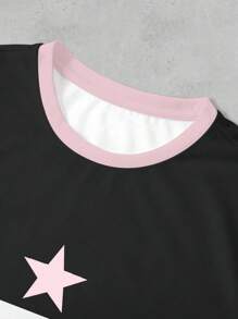Rovax Camiseta de jersey de mujer casual con números y letras impresos, de manga corta, sobredimensionada, en color negro y rosa