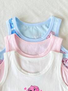 Set da 3 canottiere in cotone morbido senza maniche con stampa carina 'Love' a coniglietto, colori rosa e blu, per ragazze giovani