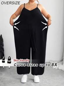 SHEIN CURVE+ 大码黑色卡哇伊服装女式连体裤，踝带连体裤女士沙滩装/沙滩裙/沙滩度假装/沙滩必需品/毕业/茶会礼服夏季/乡村/沙滩度假装/沙滩装/沙滩装 - 黑色 - 查看 1