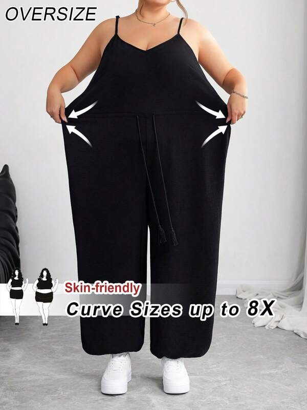 SHEIN CURVE+ Salopă neagră Kawaii pentru femei, mărime plus, cu legături la gleznă, ținute de plajă pentru femeie/Rochie de plajă/Ținute de vacanță pe plajă/Esențe de plajă/Rochii de absolvire/petrecere la ceai/Vară/Ținute de vacanță pe plajă/Ținute de plajă/Îmbrăcăminte de plajă