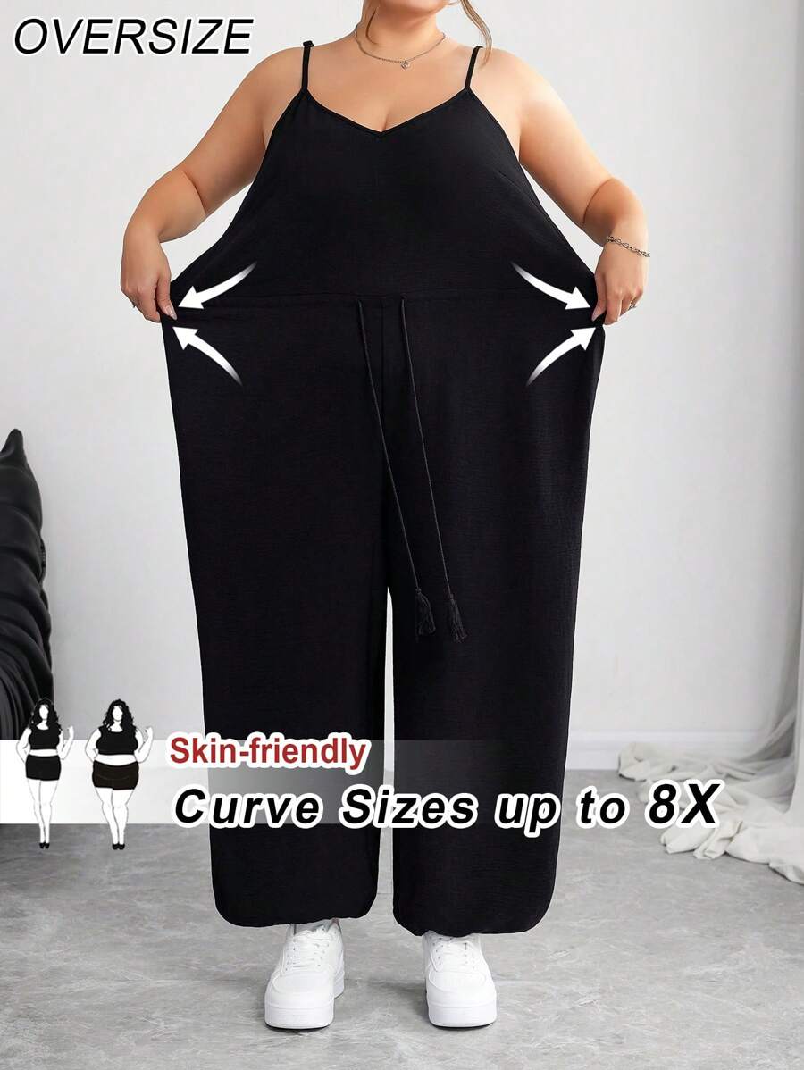 SHEIN CURVE+ 大码黑色卡哇伊服装女式连体裤，踝带连体裤女士沙滩装/沙滩裙/沙滩度假装/沙滩必需品/毕业/茶会礼服夏季/乡村/沙滩度假装/沙滩装/沙滩装 - 黑色 - 查看 1