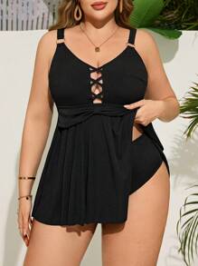 Swim Lushoire Conjunto de tankini de 2 piezas para mujer de talla grande, bikini sin espalda para vacaciones de verano - Negro - Ver 1